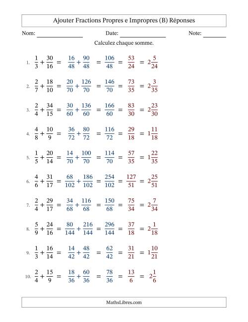 Ajouter fractions propres e impropres avec des dénominateurs différents, résultats en fractions mixtes, et avec simplification dans tous les problèmes (B) page 2