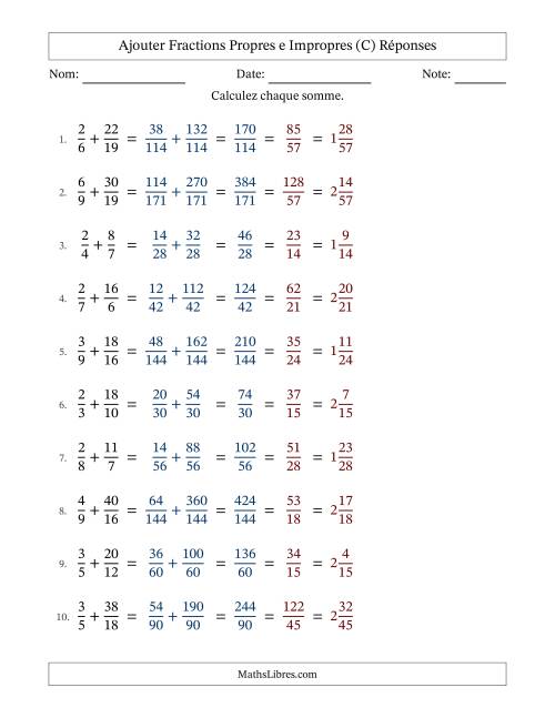 Ajouter fractions propres e impropres avec des dénominateurs différents, résultats en fractions mixtes, et avec simplification dans tous les problèmes (C) page 2