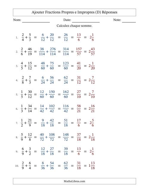 Ajouter fractions propres e impropres avec des dénominateurs différents, résultats en fractions mixtes, et avec simplification dans tous les problèmes (D) page 2