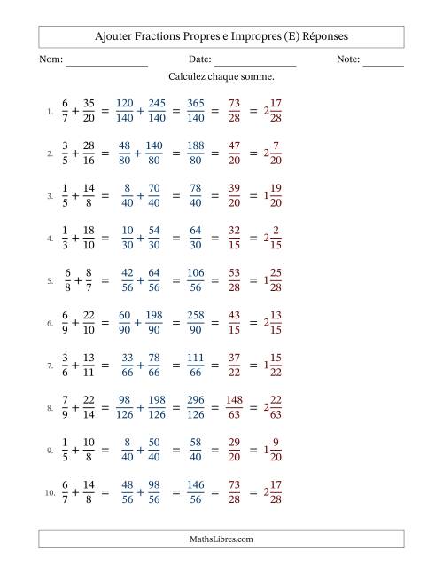 Ajouter fractions propres e impropres avec des dénominateurs différents, résultats en fractions mixtes, et avec simplification dans tous les problèmes (E) page 2