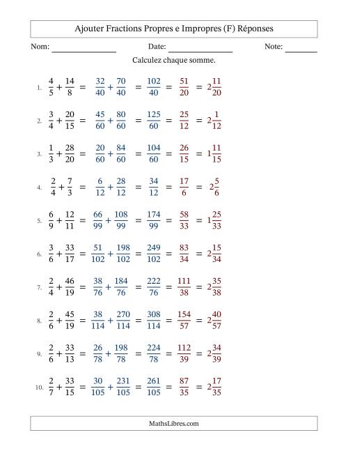 Ajouter fractions propres e impropres avec des dénominateurs différents, résultats en fractions mixtes, et avec simplification dans tous les problèmes (F) page 2