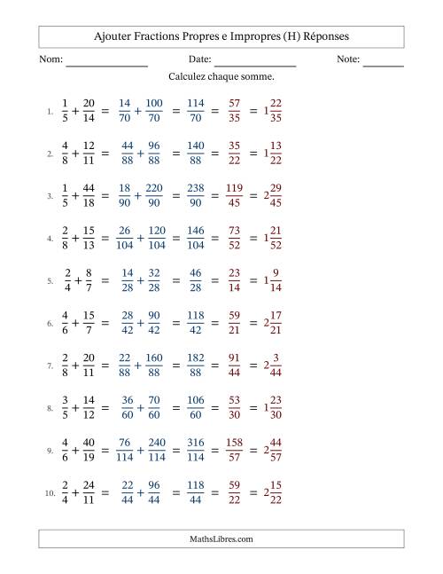 Ajouter fractions propres e impropres avec des dénominateurs différents, résultats en fractions mixtes, et avec simplification dans tous les problèmes (H) page 2