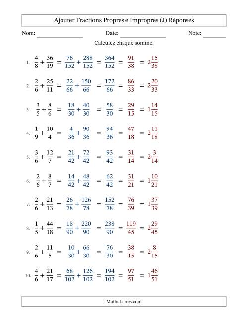 Ajouter fractions propres e impropres avec des dénominateurs différents, résultats en fractions mixtes, et avec simplification dans tous les problèmes (J) page 2