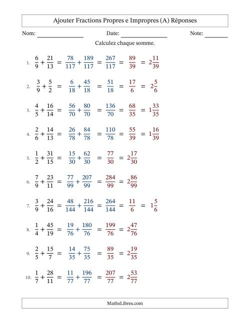 Ajouter fractions propres e impropres avec des dénominateurs différents, résultats en fractions mixtes, et avec simplification dans quelques problèmes (A) page 2