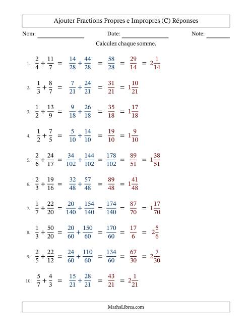 Ajouter fractions propres e impropres avec des dénominateurs différents, résultats en fractions mixtes, et avec simplification dans quelques problèmes (C) page 2