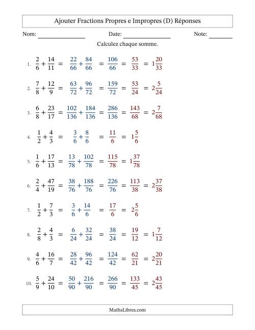 Ajouter fractions propres e impropres avec des dénominateurs différents, résultats en fractions mixtes, et avec simplification dans quelques problèmes (D) page 2