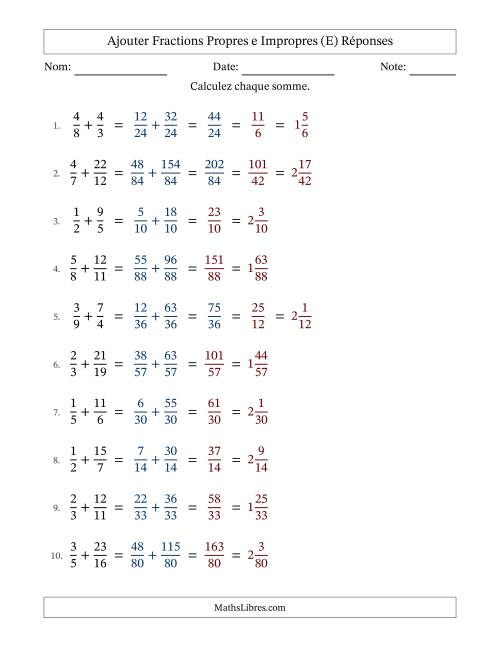 Ajouter fractions propres e impropres avec des dénominateurs différents, résultats en fractions mixtes, et avec simplification dans quelques problèmes (E) page 2