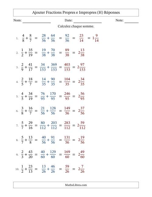 Ajouter fractions propres e impropres avec des dénominateurs différents, résultats en fractions mixtes, et avec simplification dans quelques problèmes (H) page 2