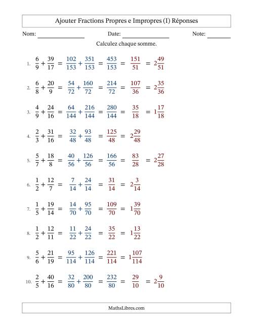 Ajouter fractions propres e impropres avec des dénominateurs différents, résultats en fractions mixtes, et avec simplification dans quelques problèmes (I) page 2