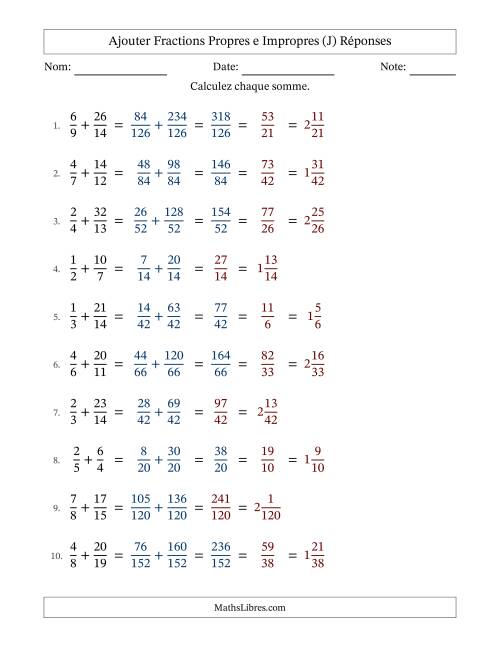 Ajouter fractions propres e impropres avec des dénominateurs différents, résultats en fractions mixtes, et avec simplification dans quelques problèmes (J) page 2