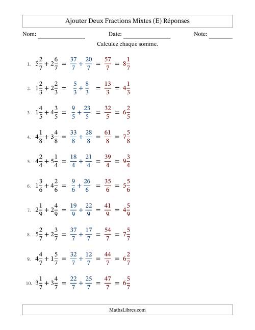 Ajouter deux fractions mixtes avec des dénominateurs égaux, résultats en fractions mixtes, et sans simplification (E) page 2