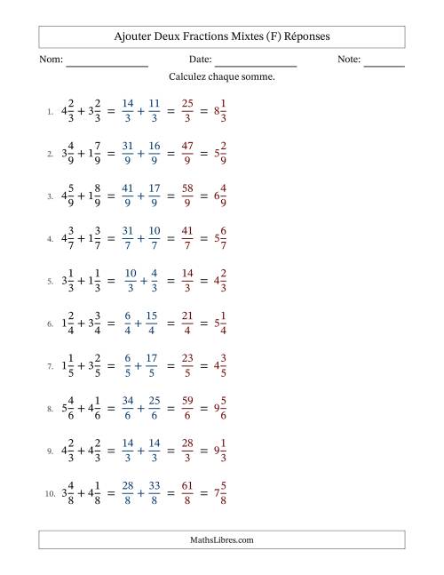 Ajouter deux fractions mixtes avec des dénominateurs égaux, résultats en fractions mixtes, et sans simplification (F) page 2