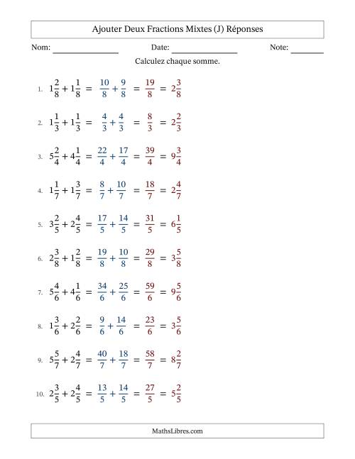 Ajouter deux fractions mixtes avec des dénominateurs égaux, résultats en fractions mixtes, et sans simplification (J) page 2