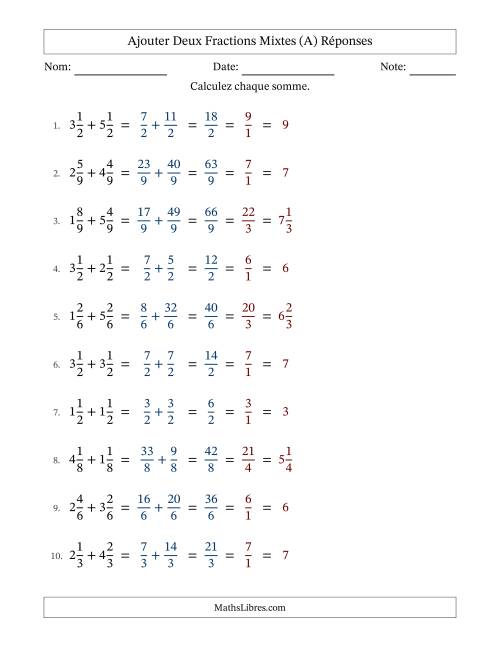 Ajouter deux fractions mixtes avec des dénominateurs égaux, résultats en fractions mixtes, et avec simplification dans tous les problèmes (A) page 2