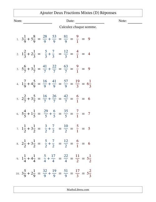 Ajouter deux fractions mixtes avec des dénominateurs égaux, résultats en fractions mixtes, et avec simplification dans tous les problèmes (D) page 2
