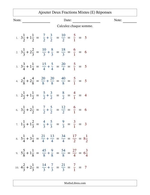 Ajouter deux fractions mixtes avec des dénominateurs égaux, résultats en fractions mixtes, et avec simplification dans tous les problèmes (E) page 2