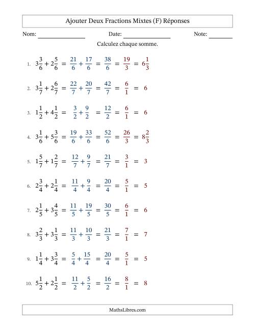 Ajouter deux fractions mixtes avec des dénominateurs égaux, résultats en fractions mixtes, et avec simplification dans tous les problèmes (F) page 2