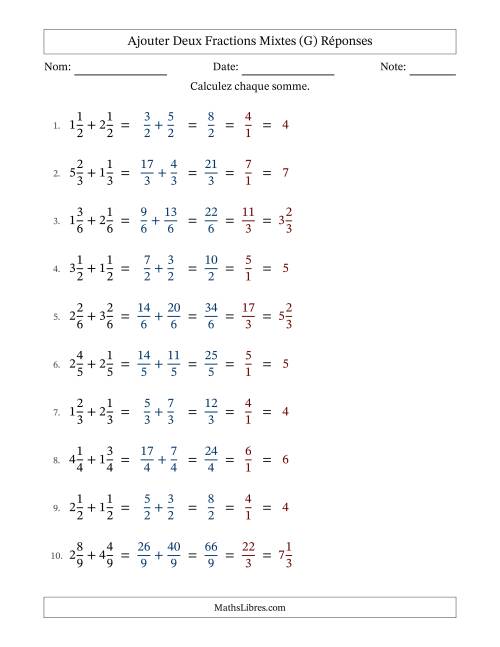 Ajouter deux fractions mixtes avec des dénominateurs égaux, résultats en fractions mixtes, et avec simplification dans tous les problèmes (G) page 2