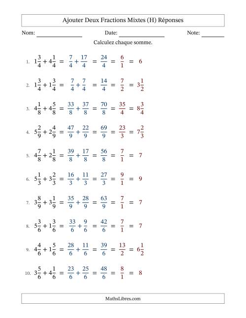 Ajouter deux fractions mixtes avec des dénominateurs égaux, résultats en fractions mixtes, et avec simplification dans tous les problèmes (H) page 2