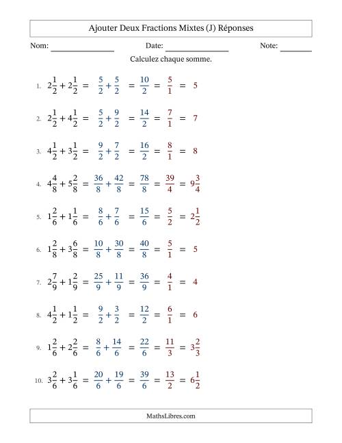Ajouter deux fractions mixtes avec des dénominateurs égaux, résultats en fractions mixtes, et avec simplification dans tous les problèmes (J) page 2