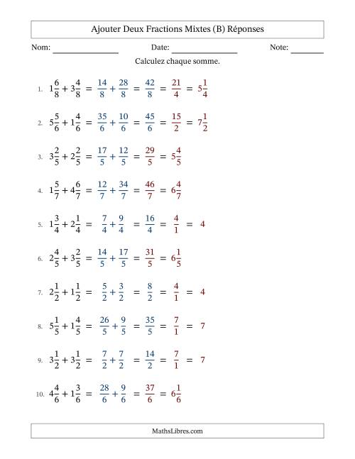 Ajouter deux fractions mixtes avec des dénominateurs égaux, résultats en fractions mixtes, et avec simplification dans quelques problèmes (B) page 2
