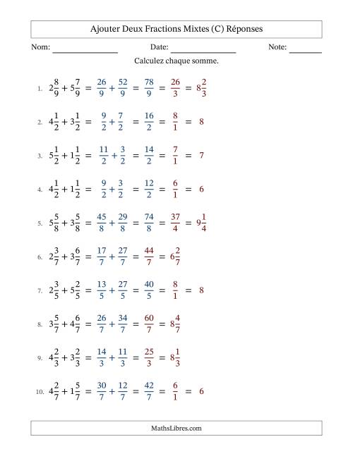 Ajouter deux fractions mixtes avec des dénominateurs égaux, résultats en fractions mixtes, et avec simplification dans quelques problèmes (C) page 2