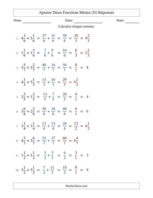 Ajouter deux fractions mixtes avec des dénominateurs égaux, résultats en fractions mixtes, et avec simplification dans quelques problèmes (D) page 2