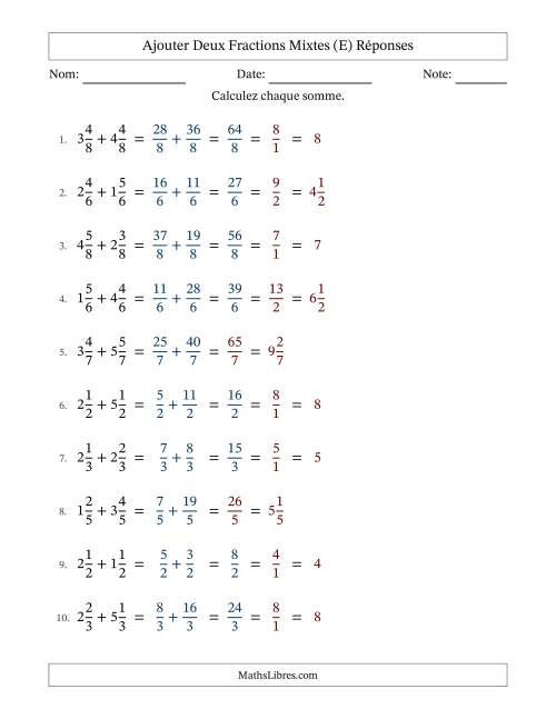Ajouter deux fractions mixtes avec des dénominateurs égaux, résultats en fractions mixtes, et avec simplification dans quelques problèmes (E) page 2