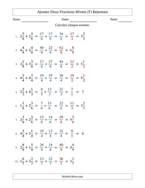 Ajouter deux fractions mixtes avec des dénominateurs égaux, résultats en fractions mixtes, et avec simplification dans quelques problèmes (F) page 2
