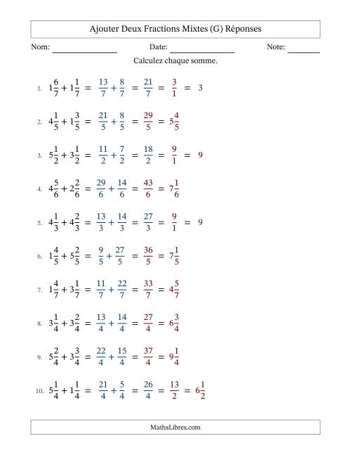 Ajouter deux fractions mixtes avec des dénominateurs égaux, résultats en fractions mixtes, et avec simplification dans quelques problèmes (G) page 2