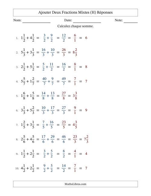 Ajouter deux fractions mixtes avec des dénominateurs égaux, résultats en fractions mixtes, et avec simplification dans quelques problèmes (H) page 2