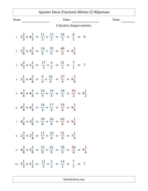 Ajouter deux fractions mixtes avec des dénominateurs égaux, résultats en fractions mixtes, et avec simplification dans quelques problèmes (I) page 2