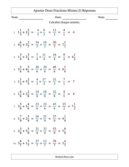 Ajouter deux fractions mixtes avec des dénominateurs égaux, résultats en fractions mixtes, et avec simplification dans quelques problèmes (J) page 2