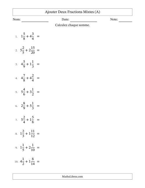 Ajouter deux fractions mixtes avec des dénominateurs similaires, résultats en fractions mixtes, et sans simplification (A)