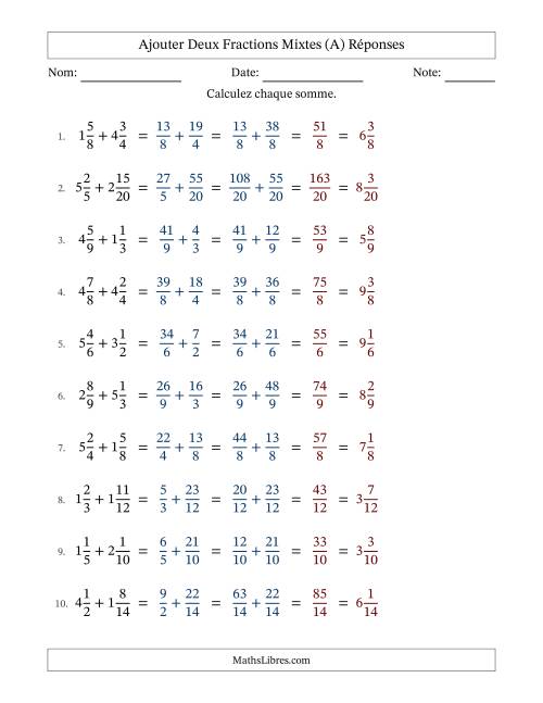 Ajouter deux fractions mixtes avec des dénominateurs similaires, résultats en fractions mixtes, et sans simplification (A) page 2