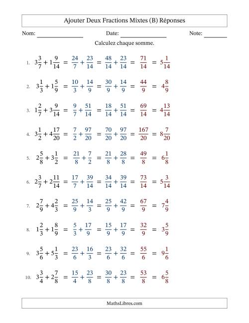 Ajouter deux fractions mixtes avec des dénominateurs similaires, résultats en fractions mixtes, et sans simplification (B) page 2