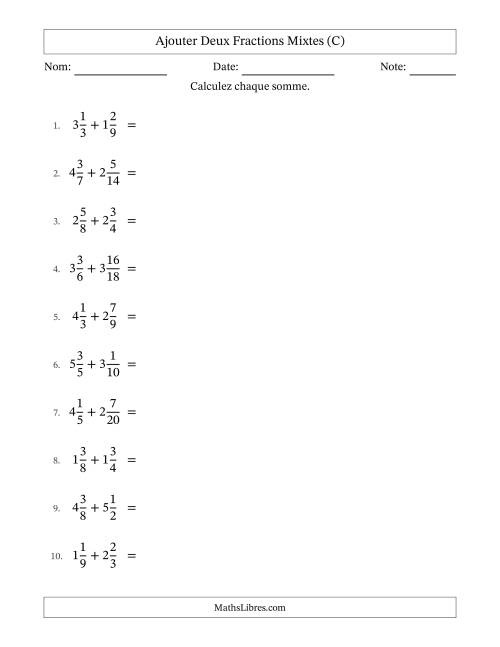 Ajouter deux fractions mixtes avec des dénominateurs similaires, résultats en fractions mixtes, et sans simplification (C)