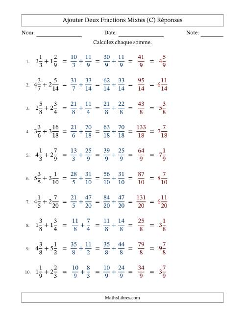 Ajouter deux fractions mixtes avec des dénominateurs similaires, résultats en fractions mixtes, et sans simplification (C) page 2