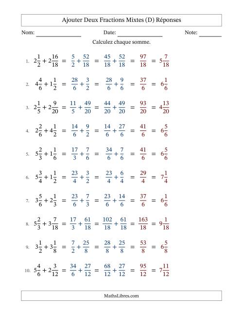 Ajouter deux fractions mixtes avec des dénominateurs similaires, résultats en fractions mixtes, et sans simplification (D) page 2