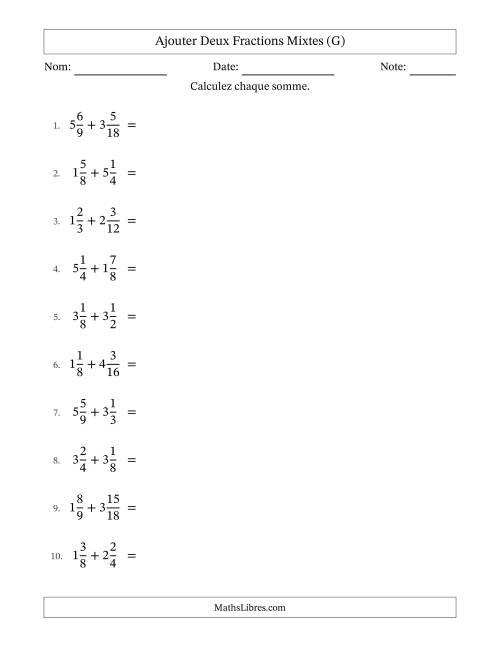 Ajouter deux fractions mixtes avec des dénominateurs similaires, résultats en fractions mixtes, et sans simplification (G)