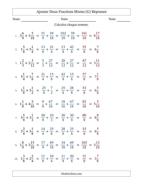 Ajouter deux fractions mixtes avec des dénominateurs similaires, résultats en fractions mixtes, et sans simplification (G) page 2