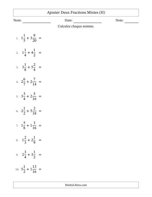 Ajouter deux fractions mixtes avec des dénominateurs similaires, résultats en fractions mixtes, et sans simplification (H)