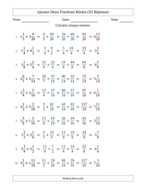 Ajouter deux fractions mixtes avec des dénominateurs similaires, résultats en fractions mixtes, et sans simplification (H) page 2