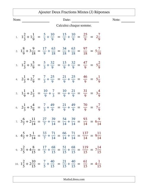 Ajouter deux fractions mixtes avec des dénominateurs similaires, résultats en fractions mixtes, et sans simplification (J) page 2