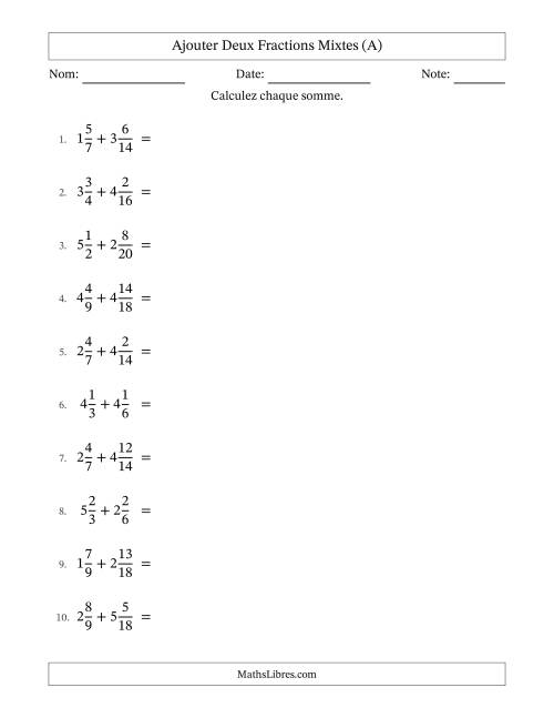 Ajouter deux fractions mixtes avec des dénominateurs similaires, résultats en fractions mixtes, et avec simplification dans tous les problèmes (A)