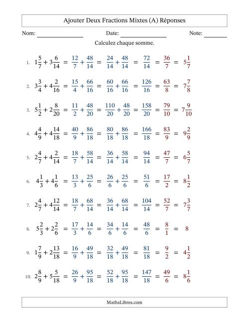Ajouter deux fractions mixtes avec des dénominateurs similaires, résultats en fractions mixtes, et avec simplification dans tous les problèmes (A) page 2