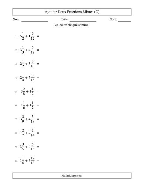 Ajouter deux fractions mixtes avec des dénominateurs similaires, résultats en fractions mixtes, et avec simplification dans tous les problèmes (C)
