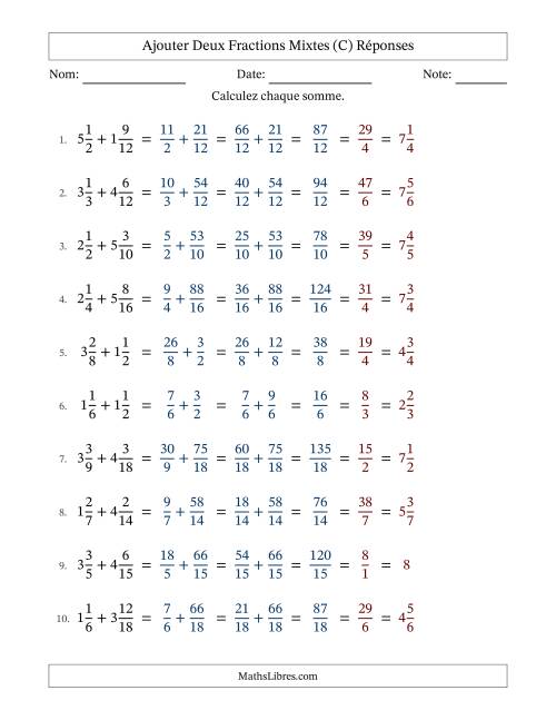 Ajouter deux fractions mixtes avec des dénominateurs similaires, résultats en fractions mixtes, et avec simplification dans tous les problèmes (C) page 2