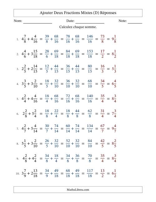 Ajouter deux fractions mixtes avec des dénominateurs similaires, résultats en fractions mixtes, et avec simplification dans tous les problèmes (D) page 2