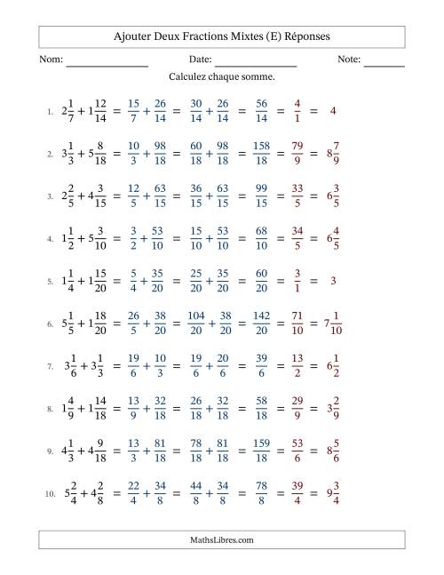 Ajouter deux fractions mixtes avec des dénominateurs similaires, résultats en fractions mixtes, et avec simplification dans tous les problèmes (E) page 2